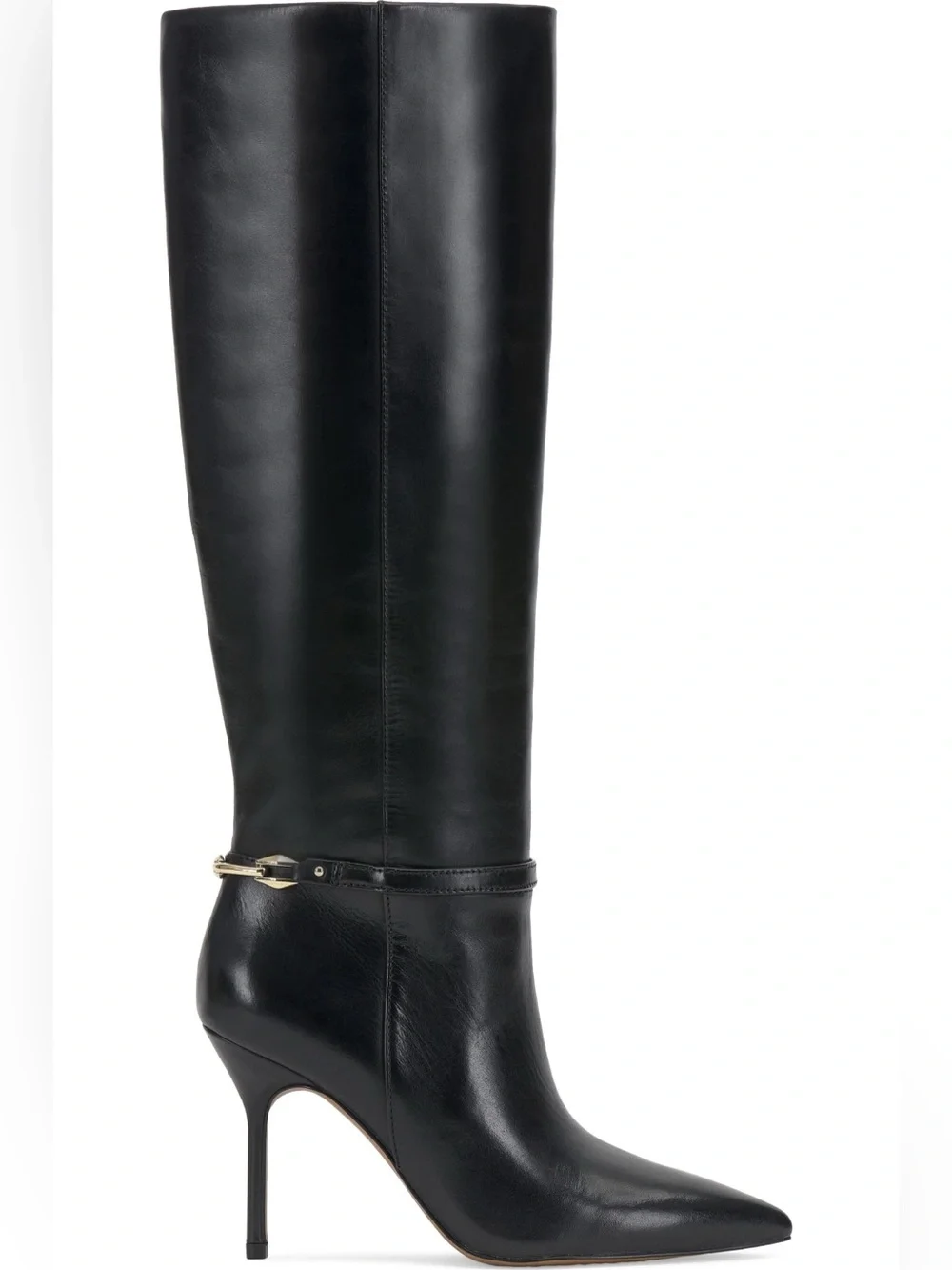Women’s Black Knee-High Stiletto Boot with Gold Hardware
